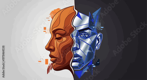 Human and robotic face contrast.