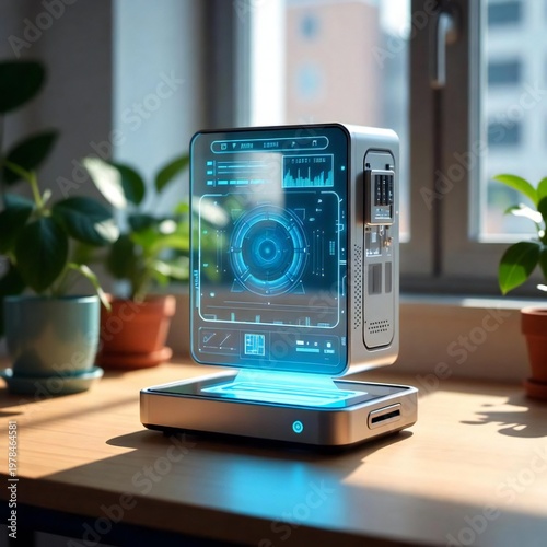 Hight technology Use at home and offices, mobile, laptop and screen in a futuristic way 