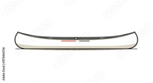 A minimalist illustration of a white canoe with a dark rim and a red and black stripe detail on its side, viewed from the front.
