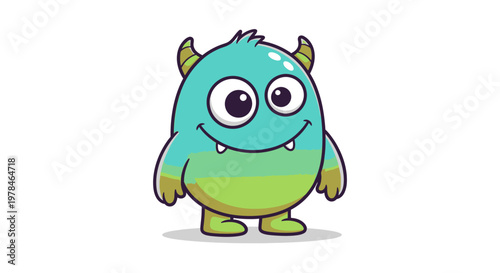 A cute, cartoonish, teal and green monster with big eyes and small horns, standing on two feet.