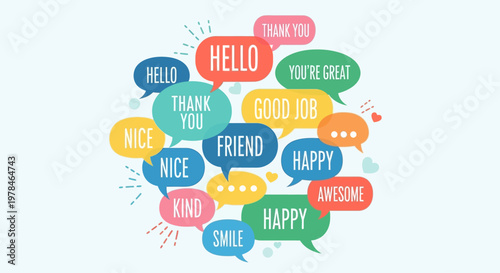A vibrant collection of colorful speech bubbles filled with positive affirmations and greetings, creating a cheerful and encouraging visual.