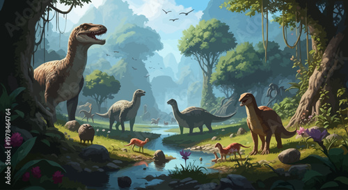 A vibrant prehistoric landscape teeming with diverse dinosaur species, lush vegetation, and a winding river under a misty, mountainous backdrop.