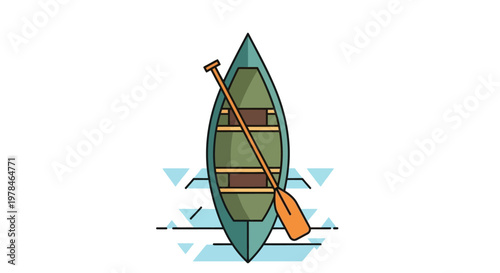 A top-down view of a green canoe with a wooden paddle resting inside, floating on rippling blue water.