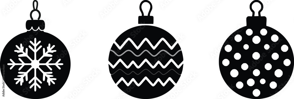 Obraz premium hanging Christmas ornaments with snowflake, zigzag, and polka dot patterns on a white background