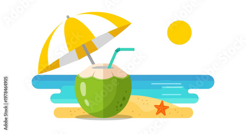 A refreshing green coconut with a straw and umbrella sits on a sandy beach beside the ocean under a bright sun.