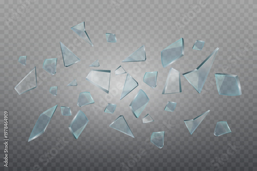 Broken glass pieces scattering, representing impact, accident, or dynamic force