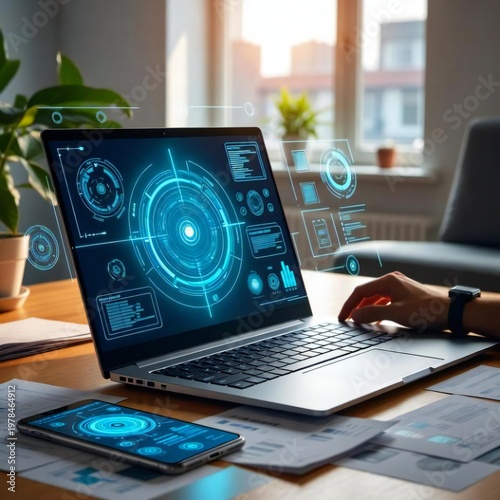 Hight technology Use at home and offices, mobile, laptop and screen in a futuristic way 