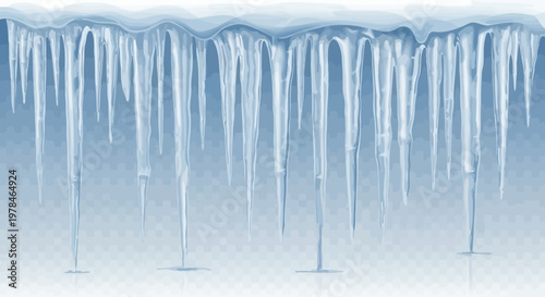A detailed illustration of sharp, translucent blue icicles hanging from a snowy ledge, depicting a cold winter scene with frozen water formations.