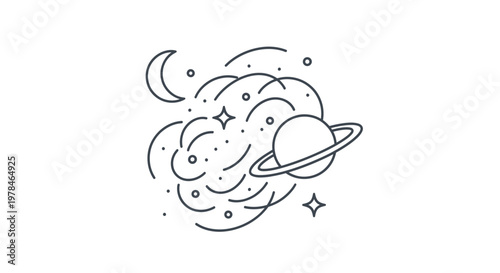 A minimalist line art illustration depicting a cosmic scene with a ringed planet, crescent moon, and stars amidst swirling space dust.