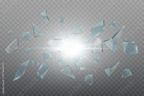 Shattering glass fragments exploding from a bright light source on transparent background