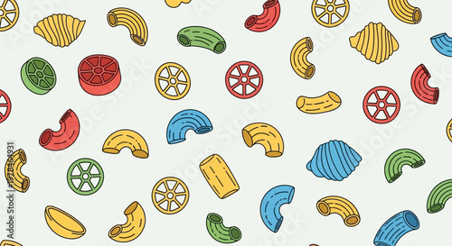 A colorful and playful seamless pattern featuring various types of pasta shapes like macaroni, rotelle, and shells, illustrated in red, green, yellow, and blue on a light background.