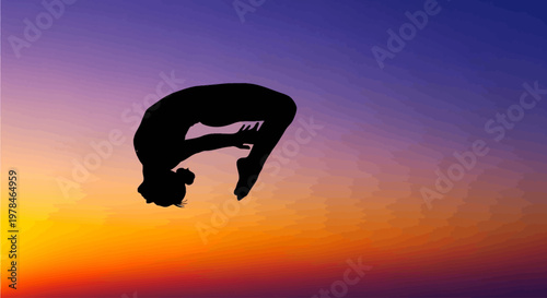 Silhouette of a gymnast performing a backflip against a vibrant sunset sky with gradients of purple, orange, and yellow.