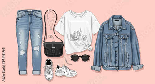 Flat lay of a stylish casual denim outfit for women, featuring ripped jeans, a white graphic t-shirt, an oversized denim jacket, sneakers, and accessories on a pink background.