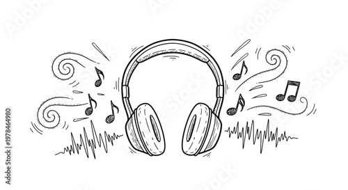 A hand-drawn sketch of headphones emitting musical notes and sound waves, symbolizing audio and music.