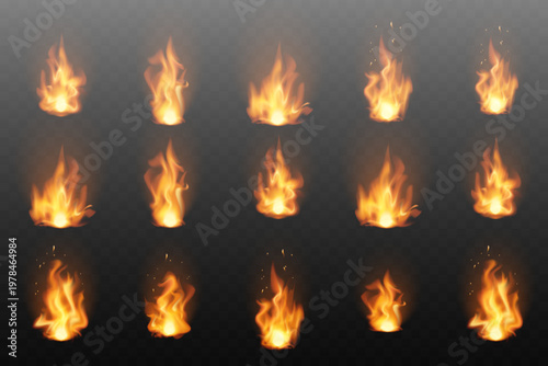 Realistic fire elements collection showing burning flames and sparks on transparency