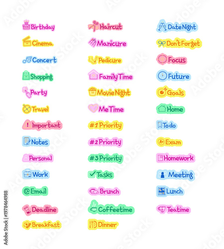 Cute labeled tags for events and tasks hand drawn line sticker pack. Study work. Digital planning clip arts in doodle style. Colorful planner icons labels. Bullet journal die cut elements kit