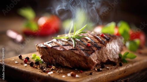 Juicy Grilled Steak Garnished with Fresh Herb and Spices
