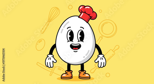 A cheerful cartoon egg character wearing a chef's hat and standing in front of a yellow background with kitchen utensils.