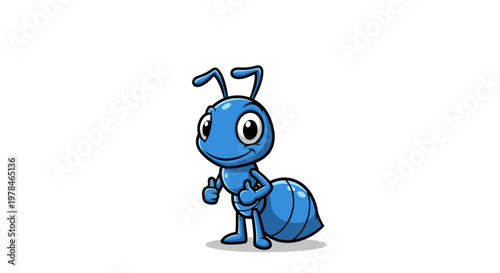 A cute, cartoonish blue ant with big eyes and antennae, giving a thumbs-up gesture.
