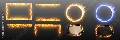 Collection of burning frames, borders, and rings illustrating fire, heat, and energy