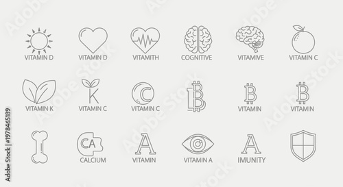 A comprehensive collection of minimalist line art icons representing various vitamins, essential minerals, and key health concepts like immunity and cognitive function.