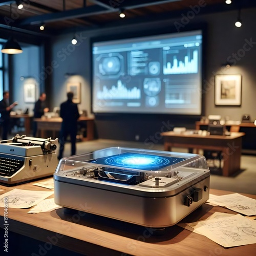 Hight technology Use at home and offices, mobile, laptop and screen in a futuristic way 