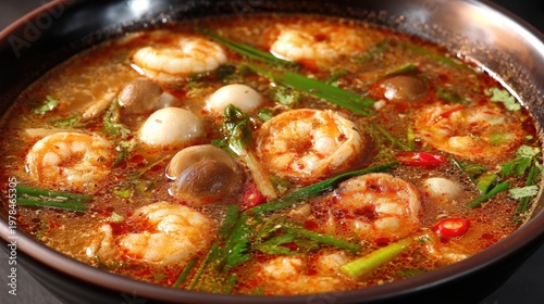 Spicy Shrimp Soup with Fresh Herbs and Vegetables in Bowl