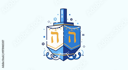 A stylized blue and white dreidel with Hebrew letters, used for Hanukkah celebrations.