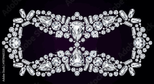 Elaborate diamond and gemstone masquerade mask design against a dark background, sparkling with intricate crystal patterns and luxurious clear jewels.