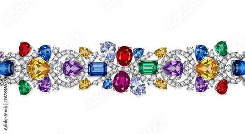 Luxurious bracelet featuring an array of colorful gemstones and sparkling diamonds on a white background, showcasing intricate design and vibrant hues.