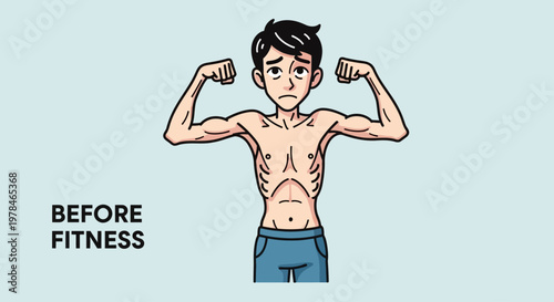 Illustration of a very thin, emaciated man flexing his biceps with a sad expression, labeled 'BEFORE FITNESS' on a light blue background.