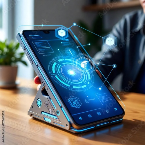 Hight technology Use at home and offices, mobile, laptop and screen in a futuristic way 