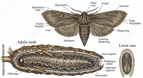 Detailed anatomical illustration of an Adelid moth and its larval case, showing various body parts and internal structures.