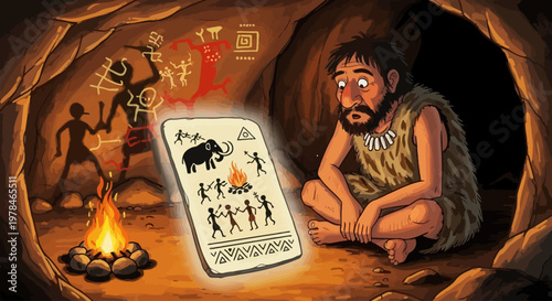 A thoughtful caveman sits by a fire, contemplating a stone tablet depicting prehistoric life and cave paintings.