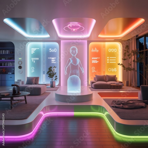 Futuristic Smart Home Interior with Neon Lights and Human Body Scan