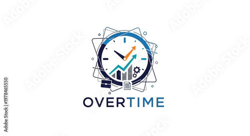 A stylized clock face with an upward trending graph and gears, symbolizing business growth and overtime work, with the word "OVERTIME" below.