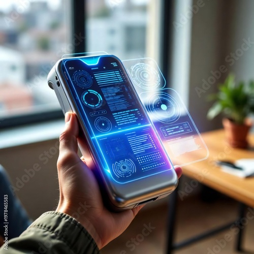 Hight technology Use at home and offices, mobile, laptop and screen in a futuristic way 