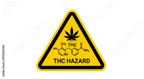 Warning sign with a cannabis leaf and THC chemical structure indicating a hazard.