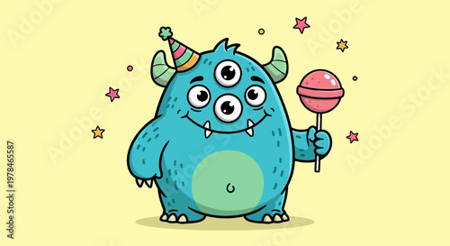 A cute, fluffy blue monster with three eyes and horns, wearing a party hat and holding a lollipop, surrounded by stars.