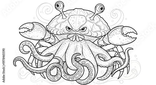 A fearsome crab and octopus hybrid creature with menacing eyes and sharp claws, depicted in a detailed black and white illustration.