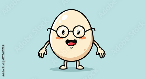 A cute cartoon egg wearing glasses and smiling with its mouth open, standing on a light blue background.