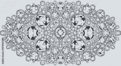 An intricate and symmetrical oval-shaped brooch or decorative element adorned with numerous sparkling diamonds and elaborate metalwork.