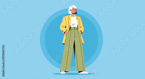 A stylish woman with short blonde hair wearing a yellow blazer and green wide-leg pants stands confidently.