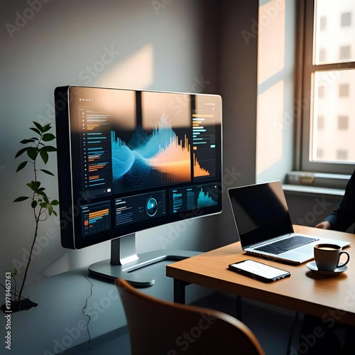 Hight technology Use at home and offices, mobile, laptop and screen in a futuristic way 