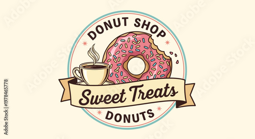 A charming circular logo for a donut shop named 'Sweet Treats Donuts', featuring a steaming cup of coffee next to a large, pink-frosted donut with a bite taken out.