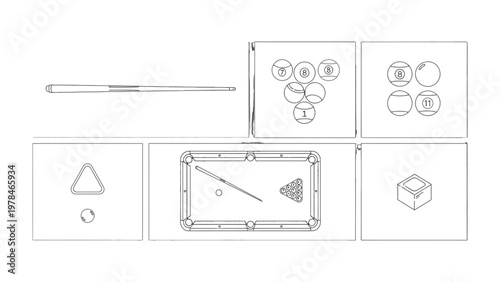 Pool Table Illustration: A detailed line illustration showcasing the essential elements of a game of pool, including the table, cue stick, balls, and rack.