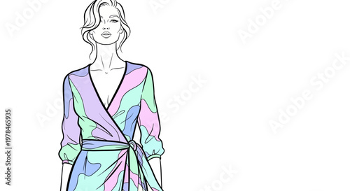 Woman wearing colorful dress illustration.