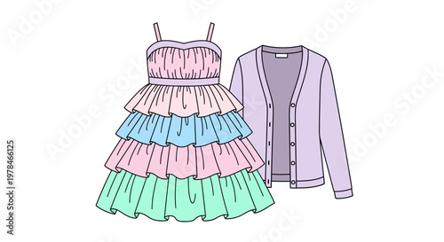 Colorful layered ruffled dress and cardigan.