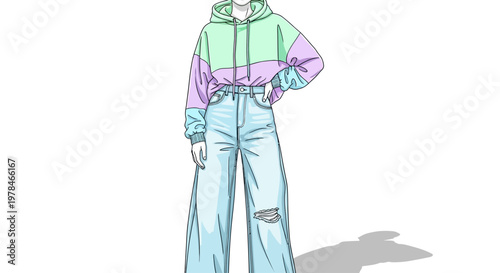 Woman Wearing Colorful Hoodie and Jeans.