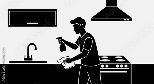 Man cleaning kitchen with spray bottle.